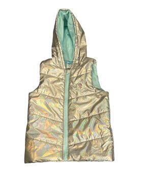 Disney Frozen Vest Girls Size 10 12 Silver Shimmer Hood Zip Up Puffer Vest Elsa